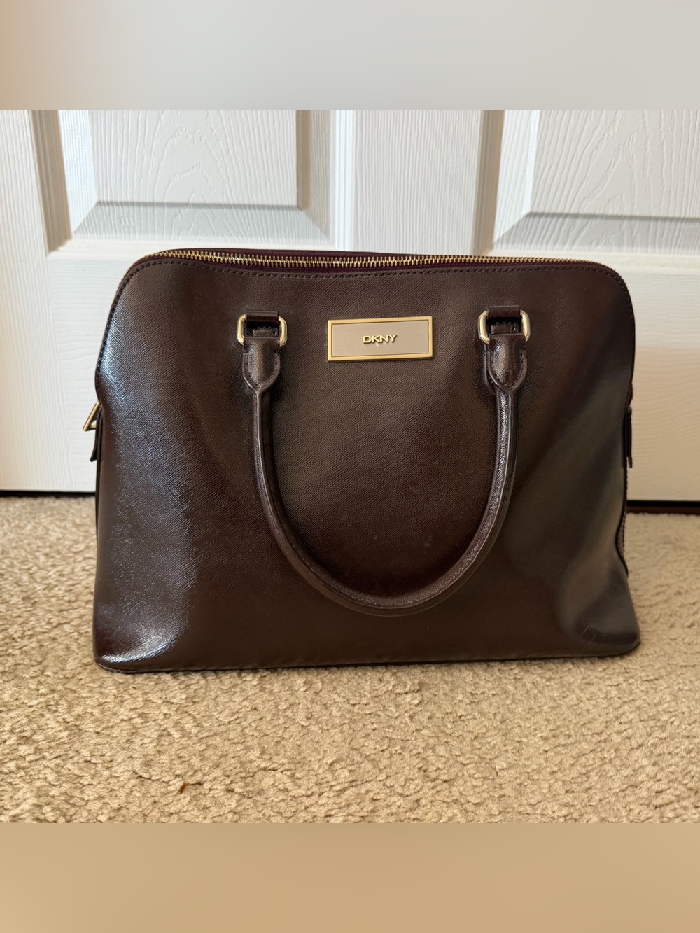 DKNY Dark Brown Saffiano Satchel with Gold Hardware